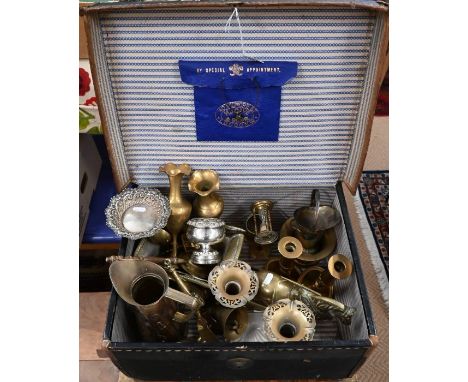 An antique leather-bound small trunk by H J Cave &amp; Sons, Wigmore Street, containing a quantity of brassware and plate to/
