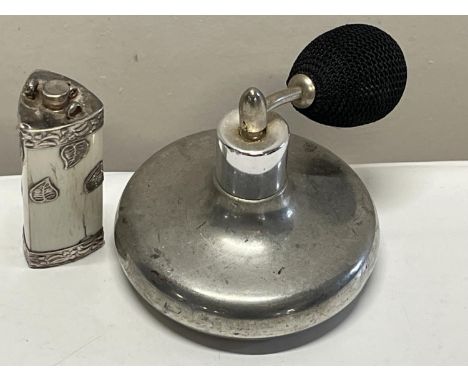 A Edwin Blyde vintage pewterware perfume bottle with a white metal pendant container 