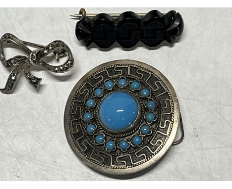 Two vintage 925 silver brooches and a Whitby jet brooch 