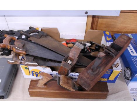 A box of woodworking tools including planes. No shipping 