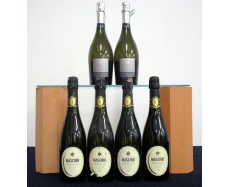 2 bts Tesco Finest Prosecco NV 4 bts Maschio Prosecco Treviso Brut NV sl cdl, sl foil damage Above six bottles