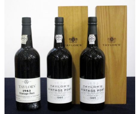1 bt Taylors 1983 Vintage Port 2 bts Taylors 1985 Vintage Port  ind polished wooden presentation cases Above three bottles