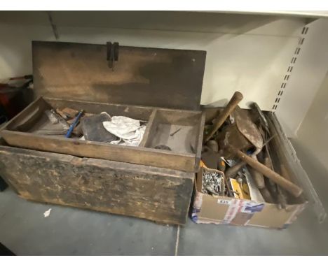 A box of tools &amp; tins of bolts &amp; nuts &amp; a large wooden tool box &amp; contents