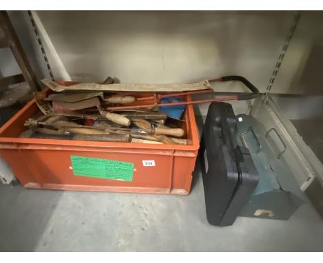 A metal tool box of assorted tools, corded electric drill &amp; large box of miscellaneous tools