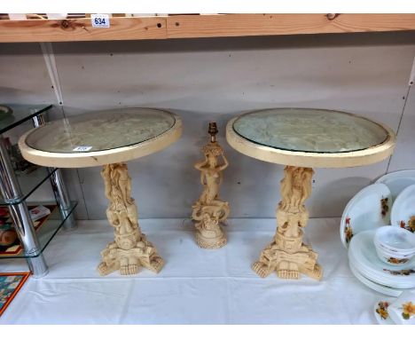 A pair of classical style resin tables with glass tops (1 glass chipped) and similar style lamp. Height 49cm, diameter 44cm C