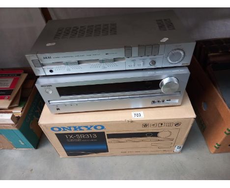 A boxed Onkyo AV receiver/ampli-tuner, audio, video TX - SR313, Akai AM-U stereo integrated amplifier