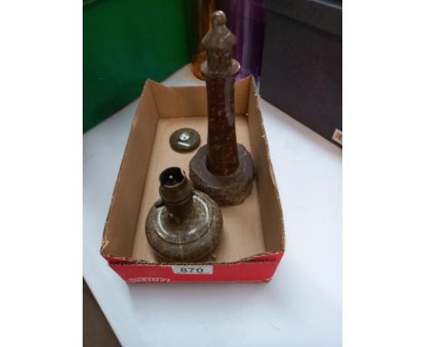 A vintage Cornish serpentine lighthouse, height 22cm including table lamp &amp; compass paperweight