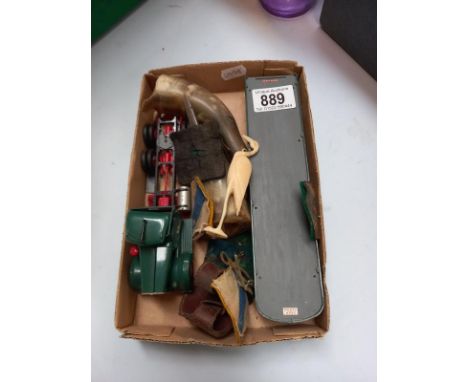A pair of horn birds, cloth patch/badges &amp; plastic model lorry (A/F)
