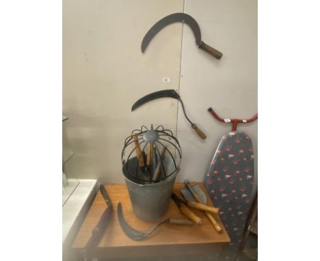 A galvanised bucket &amp; quantity of vintage garden tools including scythes