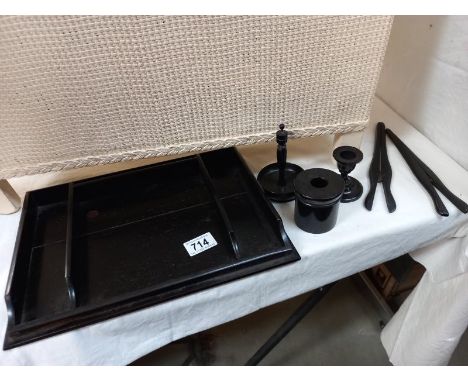 A quantity of vintage ebony items including glove stretchers &amp; hair pot etc. (candlestick is chipped)