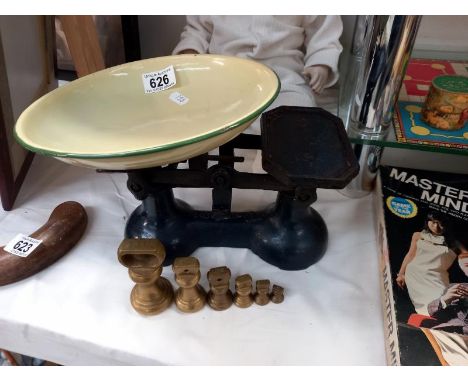 Vintage cast iron kitchen scales with enamel pan and brass weights