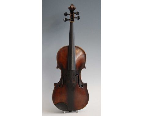 A 19th century violin, having a one piece maple back with ebony fingerboard and pegs, having a red wax seal to the button imp