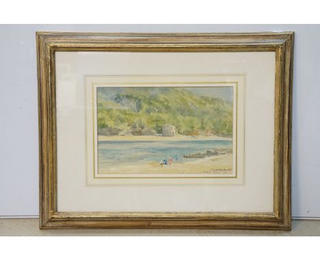 Timothy Scott Bolton (b. 1947), children playing on Pamplete beach, Mothecombe Devon, watercolour, signed lower right and dat