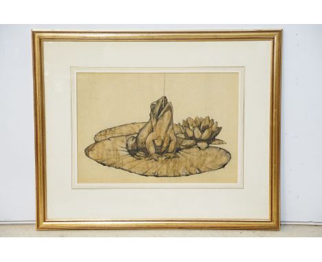 Frederick Grahame Cotman (British, 1878 - 1938), study of a frog on a lily pad, mixed media, artist's details inscribed on la