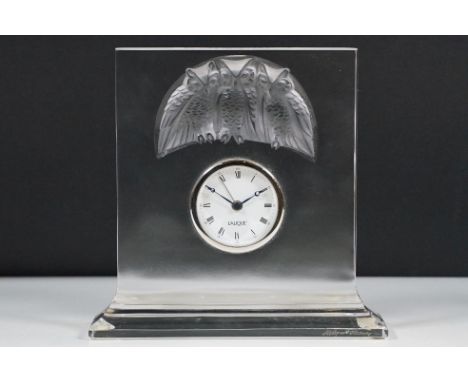 Lalique Chouette Hibou three owl mantle clock, H 18cm, W 18.5cm, D 5.5cm, signed to front of base