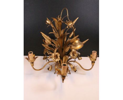 Vintage 20th century Hans Kogl style five branch gilded chandelier with ears of corn and floral detail and candle look bulb h