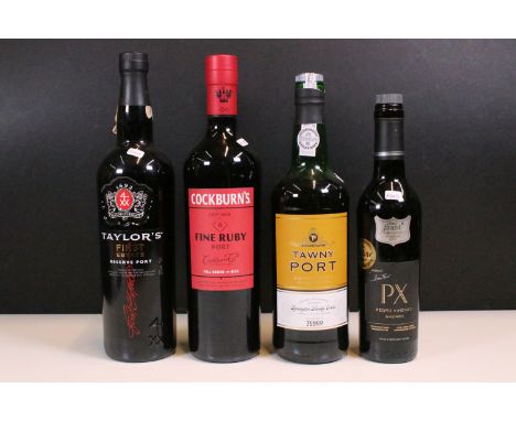 Alcohol - Three bottles of port to include Cockburns, Tawny Port and Taylors First Estate, together with a bottle of Pedro Xi