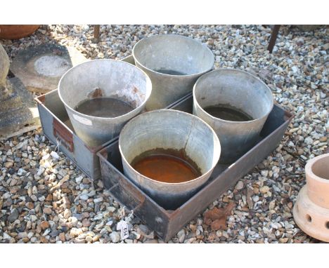 Pair of galvanised steel troughs together with four galvanised steel planter pails, troughs measure W 49 cm, pail 29cm diamet