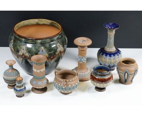 Selection of Royal Doulton to include Silicon Lambeth examples, large planter jardiniere, vases, shaker and candlestick