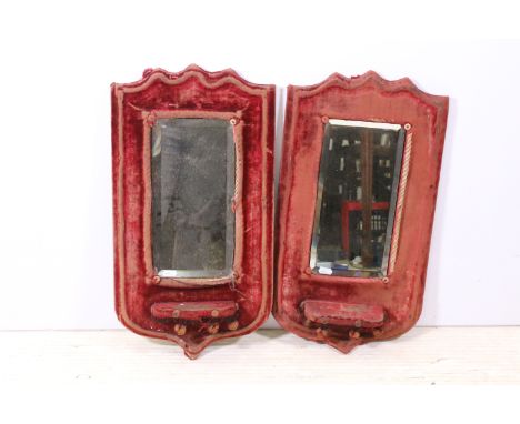 Pair of Victorian velvet mirrors, with shaped top above with bevelled glass plate and candle shelf, 58cm high x 31cm wide (2)