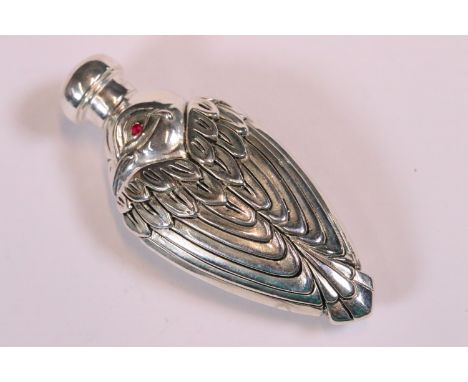 Silver plated scent bottle in the form of a bird with ruby eyes 