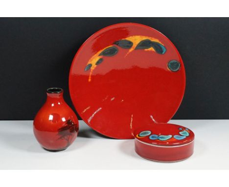 Poole pottery Odyssey lidded powder box and large dish, 27cm diameter together with a flare bean vase with tree silhouette de