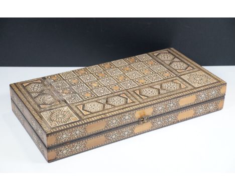 Vintage 20th century intricate marquetry inlaid wood backgammon games board box with mother of pearl detail, H 8cm, W 50cm, D