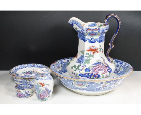 Antique Mason's serpent handle birds pitcher wash jug, H 34cm with soap dish, large wash bowl, small dish and vase