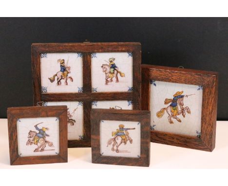Set of seven 18th Century Dutch Delft hand painted polychrome ceramic tiles depicting cavalier on horseback / horsemen riders