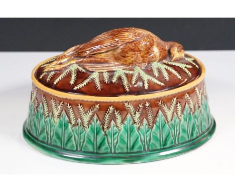 George Jones Majolica dead partridge lidded game pie dish with makers mark to base, hand painted 1785, H 14cm, W 26cm, D 19cm