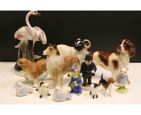 Group of ceramic animals to include Royal Albert 'Pigling Bland', Beswick sheep, Beswick hunt dog, Coopercraft sheep, Doggie 