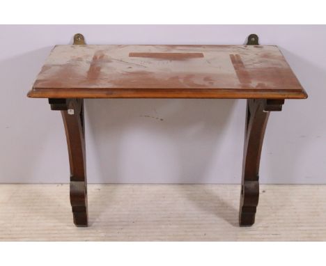 Arts and Crafts mahogany hanging shelf, the shaped supports with inlaid parquetry design and fret cut trefoil design, 44cm hi