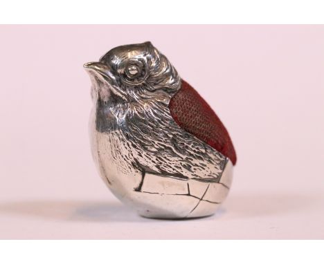 Sampson Mordan &amp; Co Ltd novelty silver pin cushion in the form of a hatching chick, Chester 1918, Reg No. 475676, approx 
