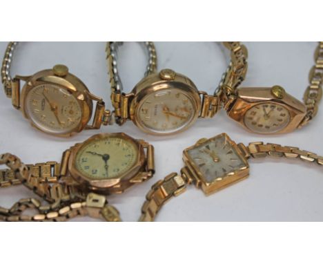 A group of five 9ct gold manual wind ladies wristwatches, one with 9ct gold strap.  Condition: as found