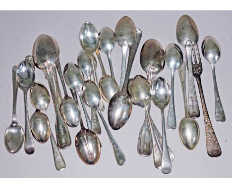 A mixed lot of hallmarked silver teaspoons and a silver fork, Georgian and later, various makers, wt. 13oz.  