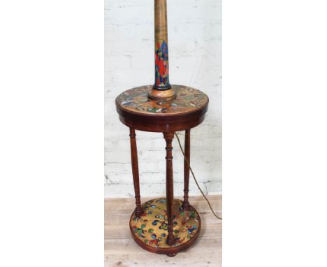 A stained beech standard lamp/occasional table with painted and incised stylised floral decoration, height 180cm.  