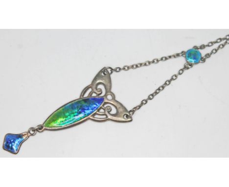 An Edwardian Art Nouveau silver and enamel pendant necklace by Charles Horner, Chester 1908, pendant length 45mm, chain lengt