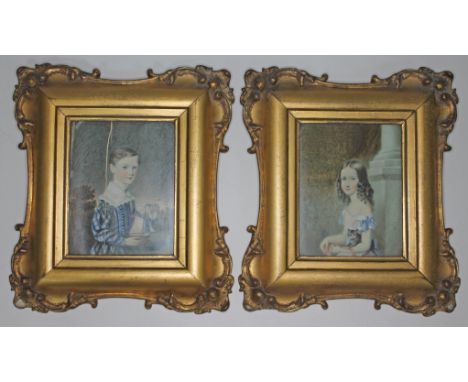 A pair of 19th century portrait miniatures on ivory, one depicting a young boy holding a British single masted sailing ship, 