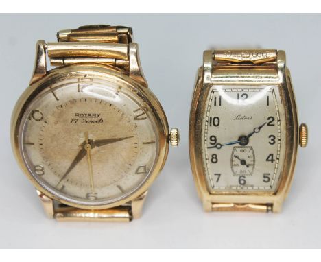 Two 9ct gold wristwatches: a Rotary 17 jewel manual wind 33mm case on gold plated bracelet and a Listers Art Deco style 15 je