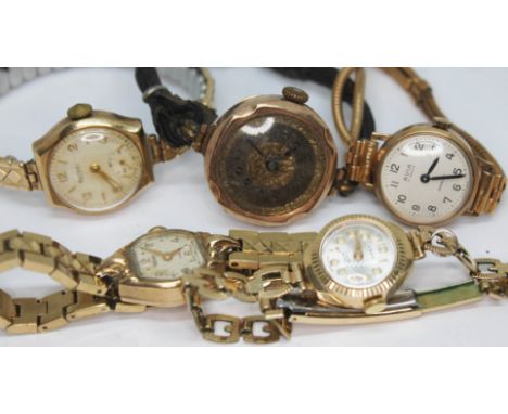 A group of five 9ct gold manual wind wristwatches on plated or leather straps, including Rotary and Avia.  Condition: as foun