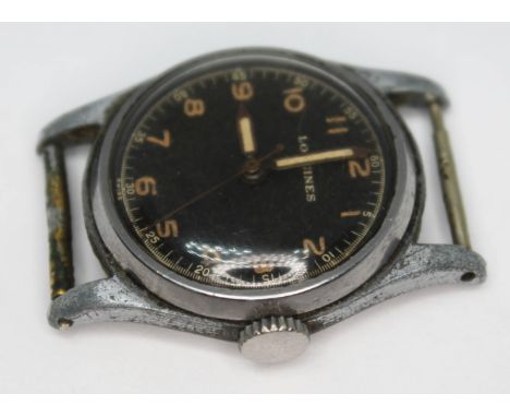 A 1940s vintage Longines military style stainless steel manual wind wristwatch with signed black dial, Arabic numerals, centr