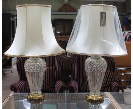 A pair of Waterford brass mounted glass table lamps with Hannah shades, height (including shades) 76cm.Condition: minor niggl