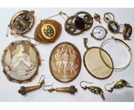 A mixed lot of mainly Victorian yellow metal jewellery including two large cameo brooches, three pairs of drop earrings, a ba