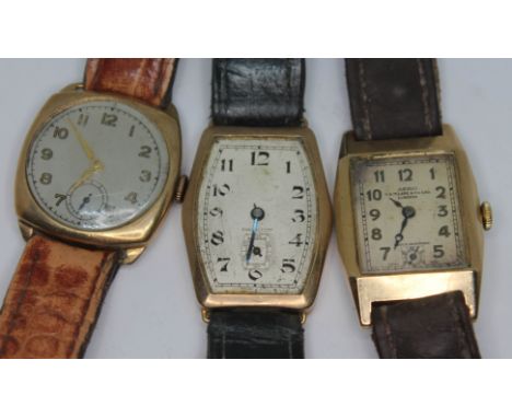 Three 9ct gold 1940s/50s manual wind wristwatches - as found  Condition: Two non runners unmarked &amp; unsigned and one sign