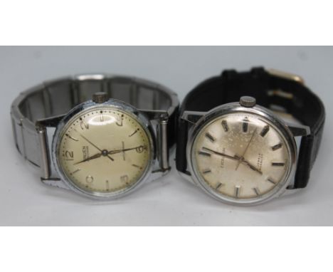 An Excalibur 17 jewel manual wind stainless steel wristwatch case diam. 34mm with leather strap and a Gruen Precision stainle