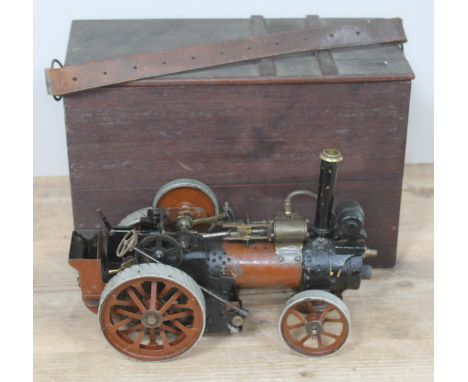 A scratch built live steam model traction engine, length 27cm, with tools and wooden carry case.  