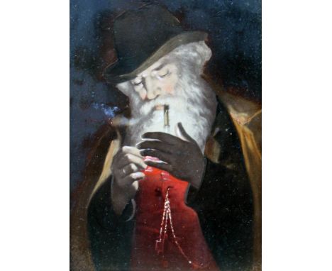 19th century school, portrait of an old man smoking, oil on board, 9cm x 13cm, unsigned, framed.  