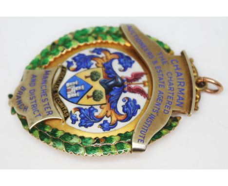 A hallmarked 9ct gold and enamel medallion inscribed: Chairman The Chartered Auctioneers' &amp; Estate Agents' Institute, 56m