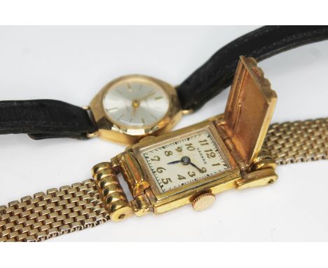 Two ladies wristwatches: a 9ct gold Regency 17 jewel manual wind on leather strap and a vintage Harman gold plated Art Deco w