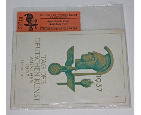 A Nazi Tag Der Deutschen Kunst Munchen 1937 Great German Art Exhibition postcard and admission ticket.  